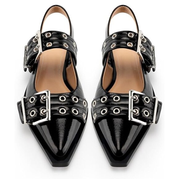 Edgy Moto Biker Silver Hardware Double Strap Women's Black Loafer Flats Size 8 - Picture 1 of 15